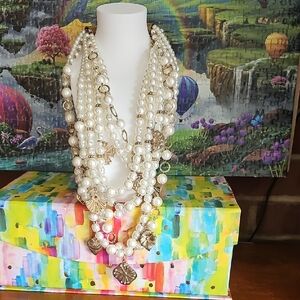 Chico's Elegant Ivory Pearl Multi-Strand Necklace with Gold Accents